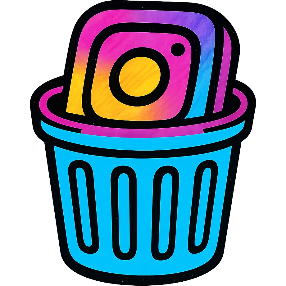 playful colorful Instagram app icon peeking out of a trash can emoji
