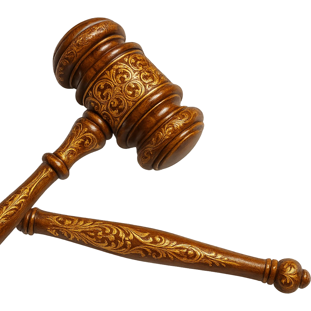 a luxurious gavel with elaborate carvings, gold inlays, and a shiny finish emoji
