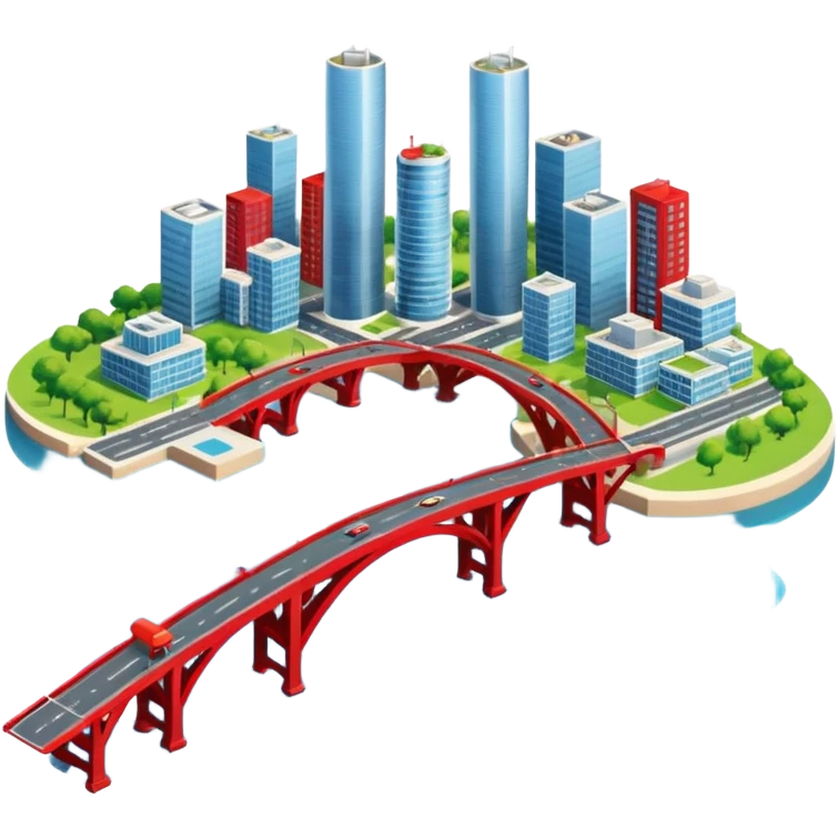 advanced modern island with advanced infrastructure with a red bridge on one side emoji