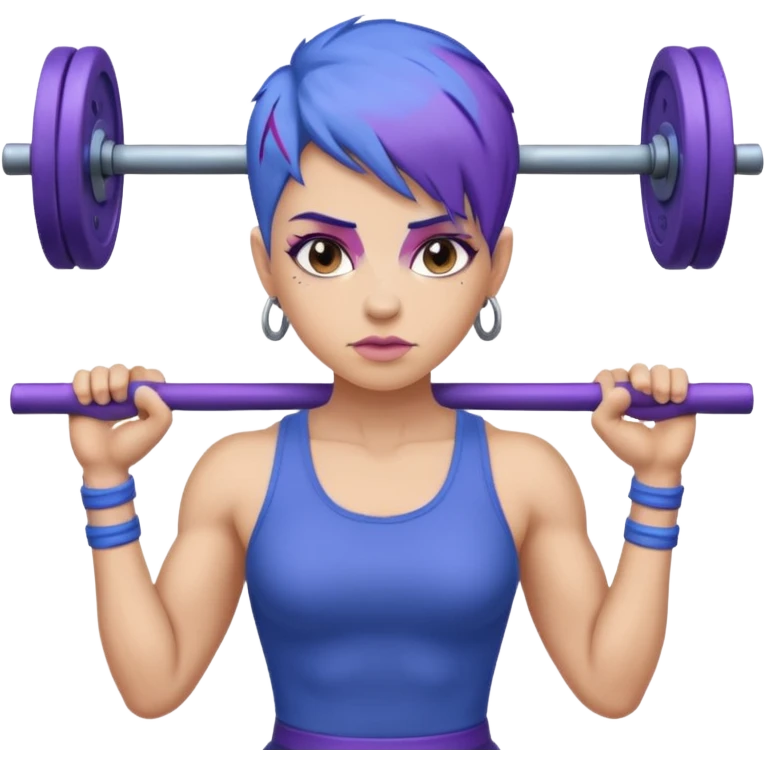 weight lift woman short blue purple har muscles bar is not growing from head emoji