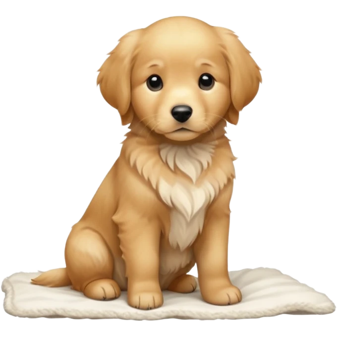 A Golden Retriever puppy standing peacefully on a soft blanket indoors. Cozy home environment, natural lighting, soft focus, adorable realism. emoji
