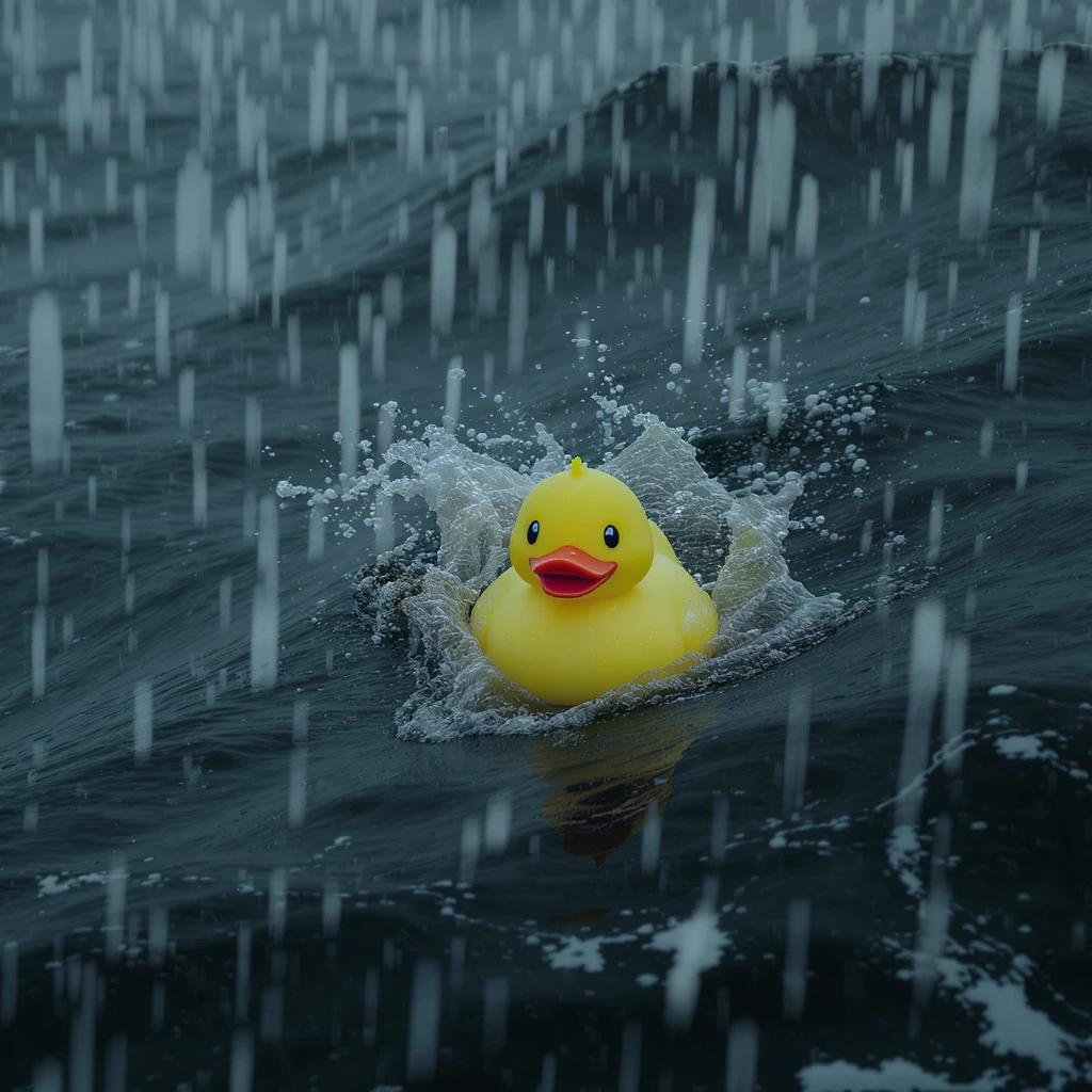 Cinematic still, Extreme Closeup shot of Yellow duck toy on ocean during storm, Camera from top, inspired by interstellar emoji