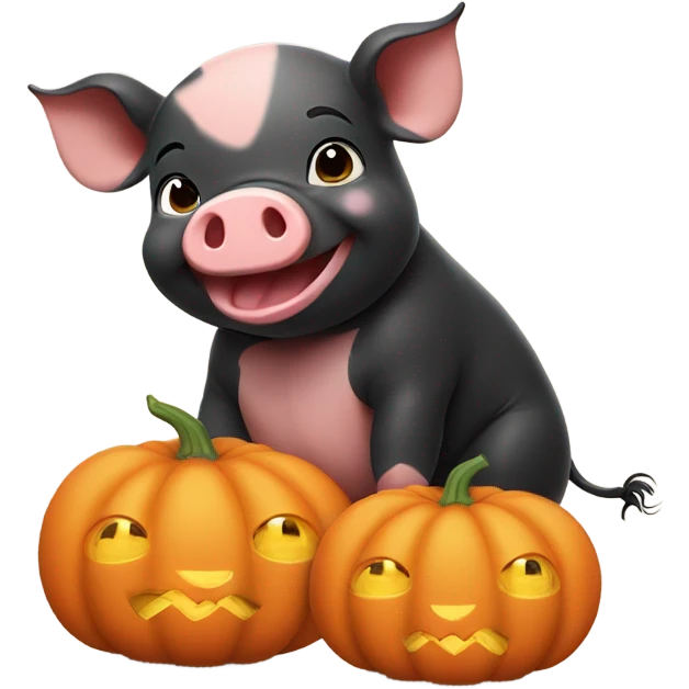Cute baby black pig smiling with 4 pumkins and written on 福 emoji