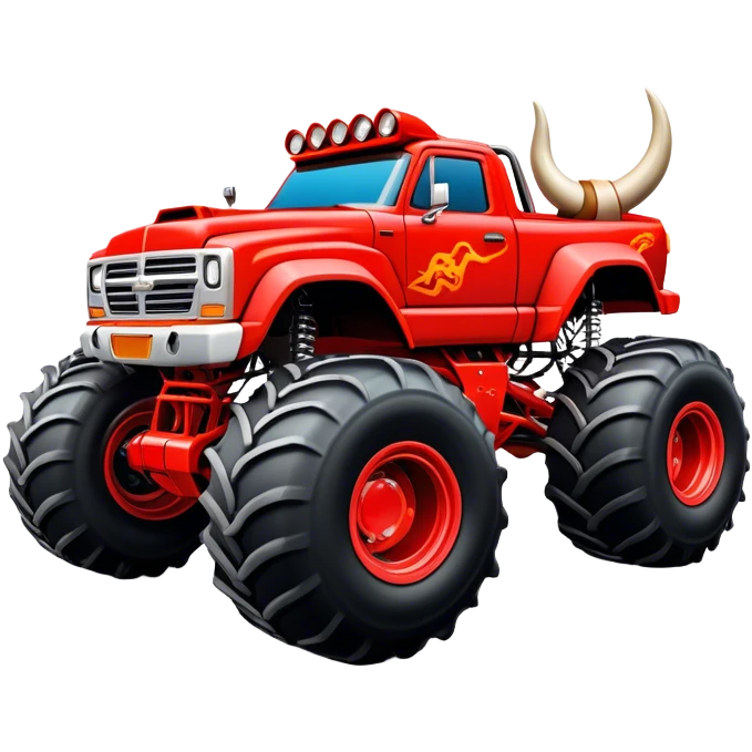 El Toro Loco - Monster Jam (Model Year: 2022) (Iconic colour: Red with horns) - An eye-catching monster truck with a wild, rebellious design in bold red. Include stylized, large horn graphics and aggressive facial elements that evoke a bull-like, ferocious appearance, exuding daring and unstoppable force. emoji