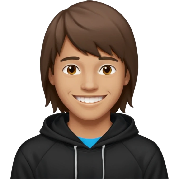 20 yr old man, brown hair, straight, big smile, white teeth, tanned skin, bangs, black hooded sweatshirt, long hair in back emoji