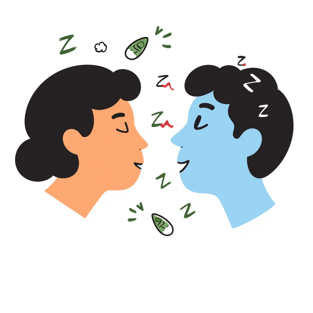 Sedative effect illustration: half-awake (orange) and half-asleep (blue) face profile with green sedative molecules slowing down red brain activity waves. Hand-drawn sleep icons (ZZZ) increasing in size as consciousness fades. Simple and clean sleep medicine concept. emoji