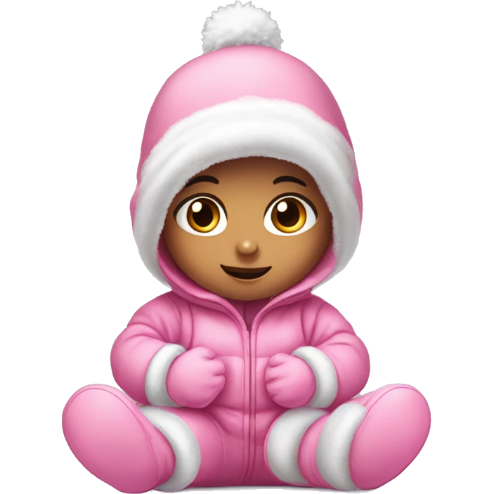 A cute baby girl wearing a pink snowsuit, snow. She has big eyes and long eyelashes, and is wearing a soft hat with two small balls on top. She is sitting down, playing with her hands covered by white gloves. emoji