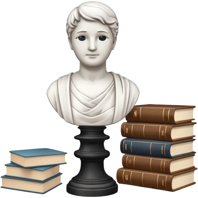 Minimalistic flat vector icon, iOS style, thin black contour on white background. Bust statue on a small pedestal next to a stack of books, symbolizing classic literature. Clean, no text, no shadows emoji