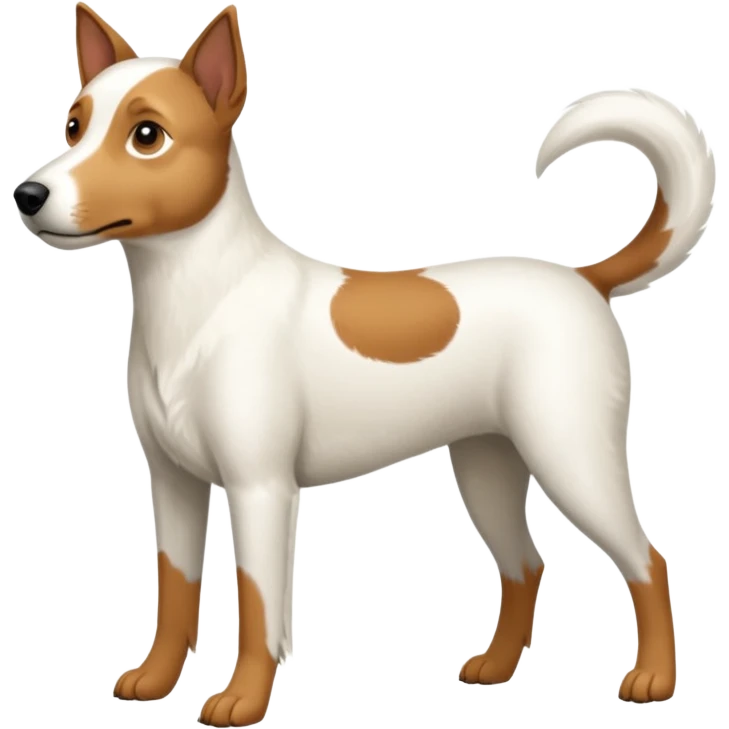 a full body large white parson russell looking dog the size of a kelpie with light brown flopped down ears and a light brown patch on one eye and a large snout emoji