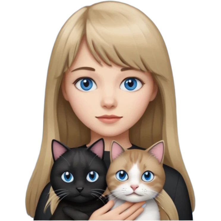 Apple-style emoji sticker of a young woman with long dark blond hair and bang, blue eyes , holding a cat black and white emoji