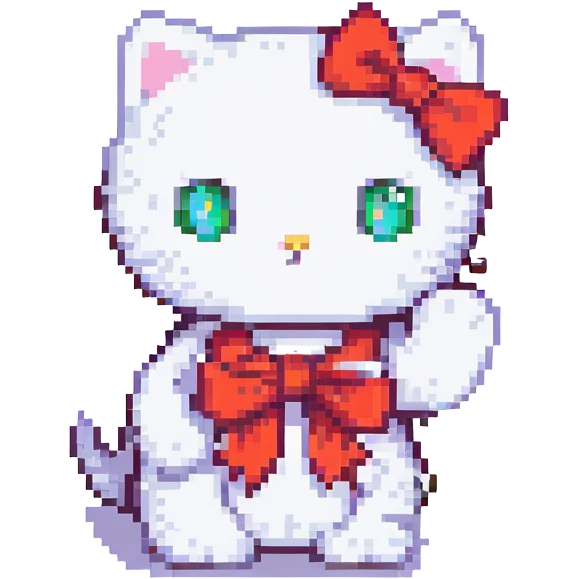 Make Hello Kitty wave, pixel art style, white cat with red bow, retro video game look, no background emoji