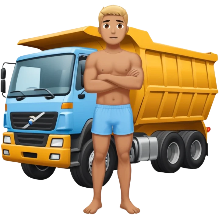 Man in light blue Speedo standing in front of a dump truck  emoji