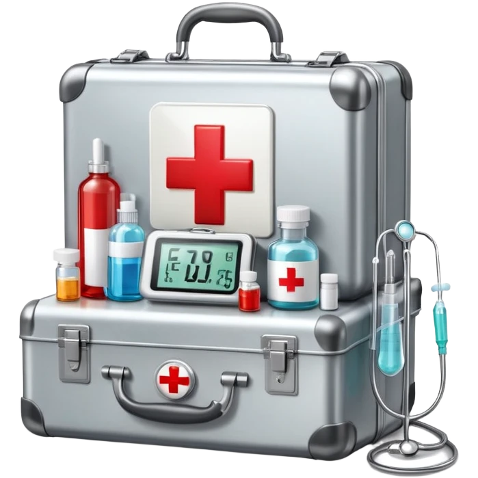 An icon featuring a medical suitcase with a red cross, a bottle of pills, a stethoscope, and a syringe, symbolizing medicine. The design includes a thermometer, bandages, and a heart monitor, representing healthcare and medical treatment. Transparent background highlights the science of healing. emoji