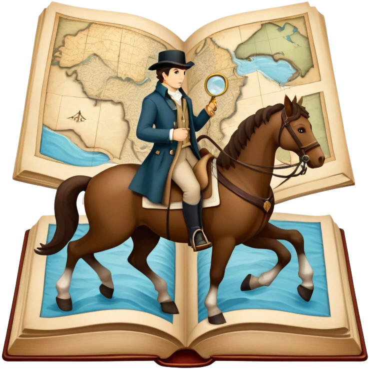Collage for Reading Fiction: large open book with pages turning into with musketeers on horseback, Sherlock Holmes with standing nearby, treasure island map. The icon should evoke the adventure and romance of exploring fictional worlds. Transparent background emoji