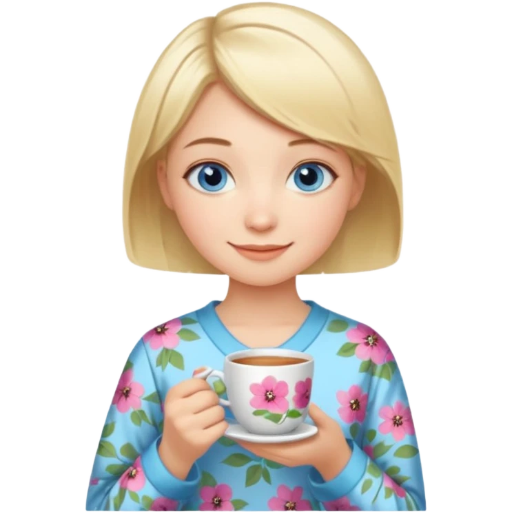 Blue eyed girl with short blond hair in floral pijamas is holding a cup of tea emoji