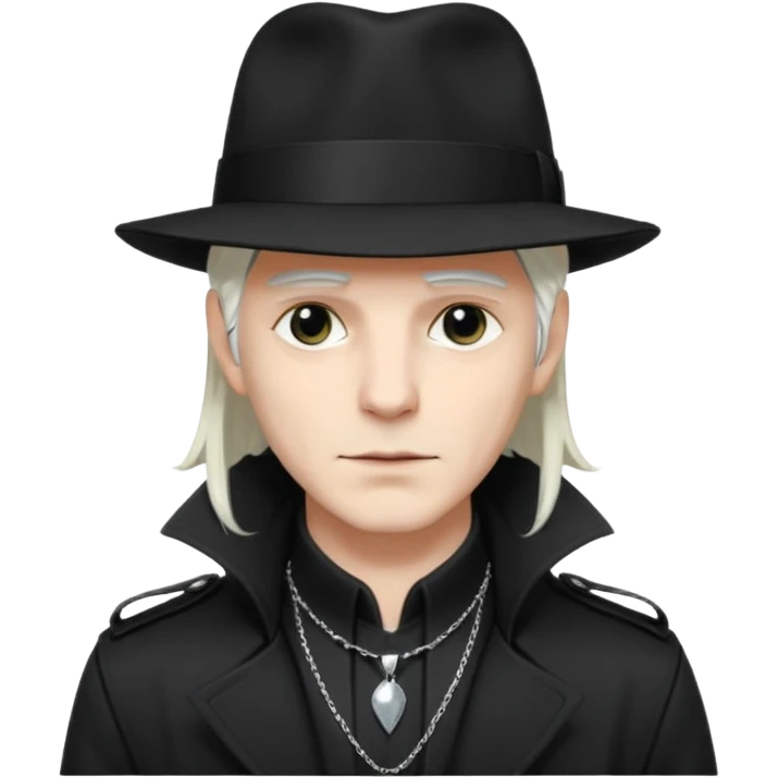 Male Goth with Fedora
 Sleek long hair, white skin, black trench coat, silver necklace visible under coat, white long hair emoji