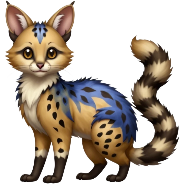  ink-black fur laced with oil-slick bronze and abyssal cobalt runes fur with random dark markings beautiful elegant pretty precious cute  Fakémon-Pokémon-opossum-feline-serval-caracal-chinchilla-Furret-Minccino-hybrid-creature with a big fluffy bushy tail (full body) emoji