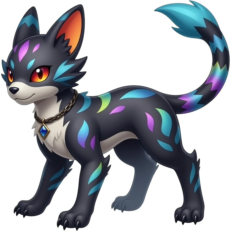 Rare realistic exotic edgy dark gothic gloomy epic pretty beautiful handsome gorgeous aesthetic colorful vibrant Vernid-Trico-species-Fakemon-creature by LiLaiRa, 4 legs, 1 tail, random markings, (full body) emoji
