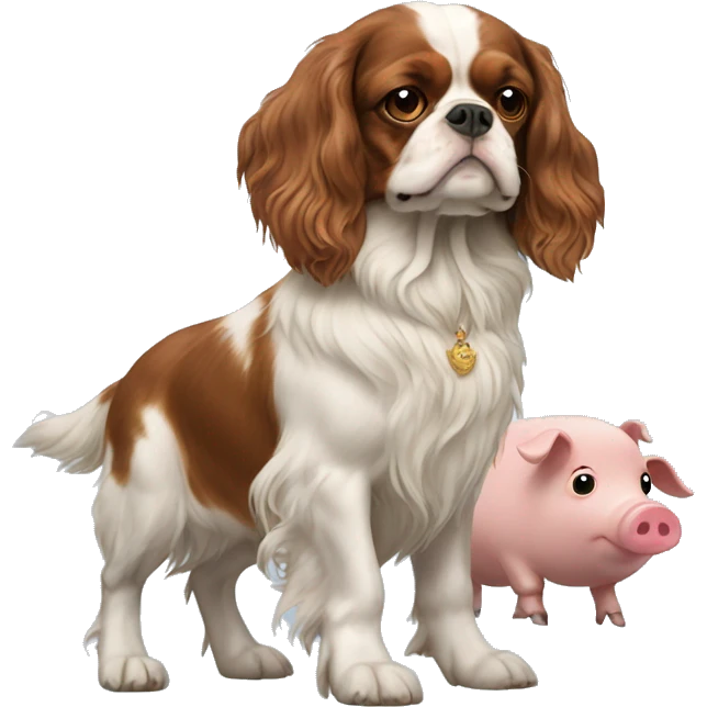 King Charles spaniel walking a pig emoji