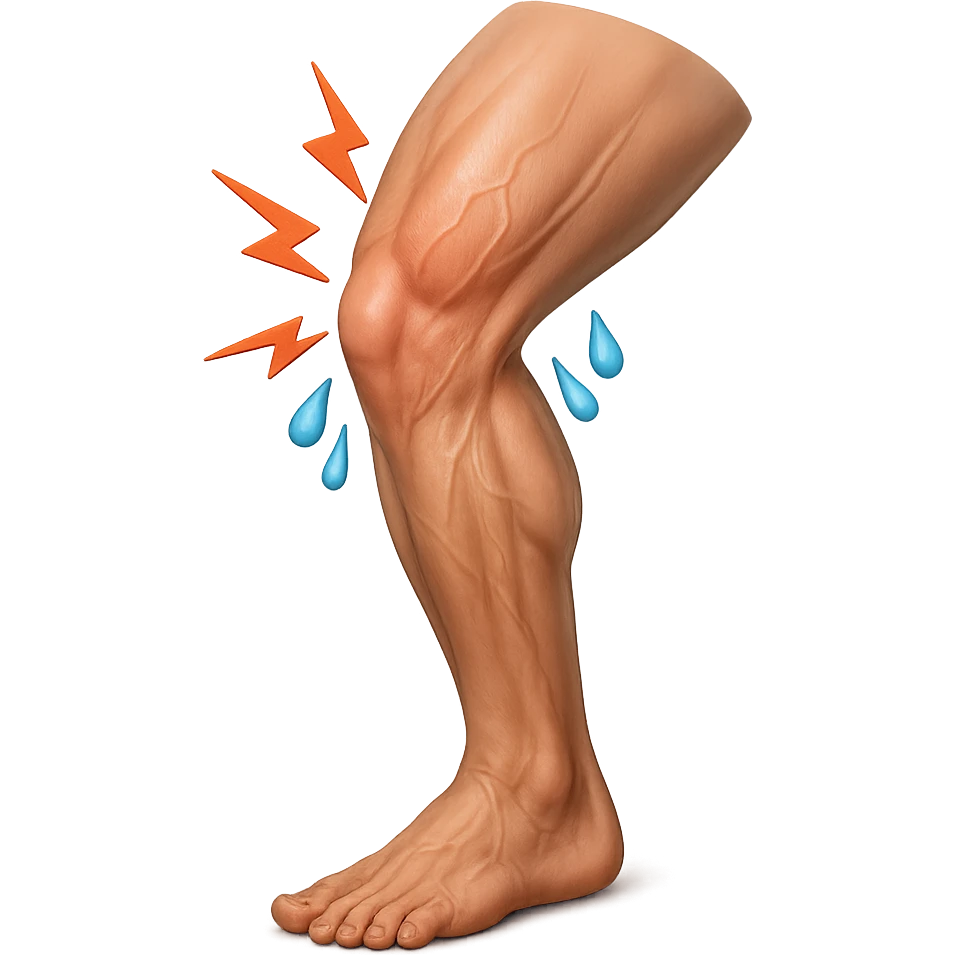 realistic human leg with overload indicated by pain symbols like lightning bolts and sweat drops, contracted muscles, 3D effect, isolated on white background emoji