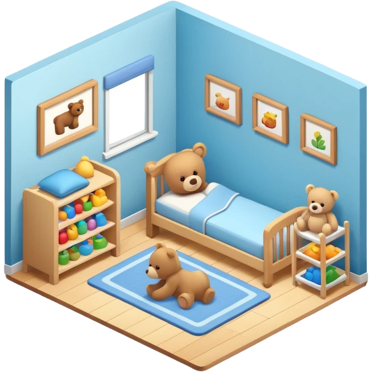 isometric baby room, Crib beside toy shelf and rug emoji