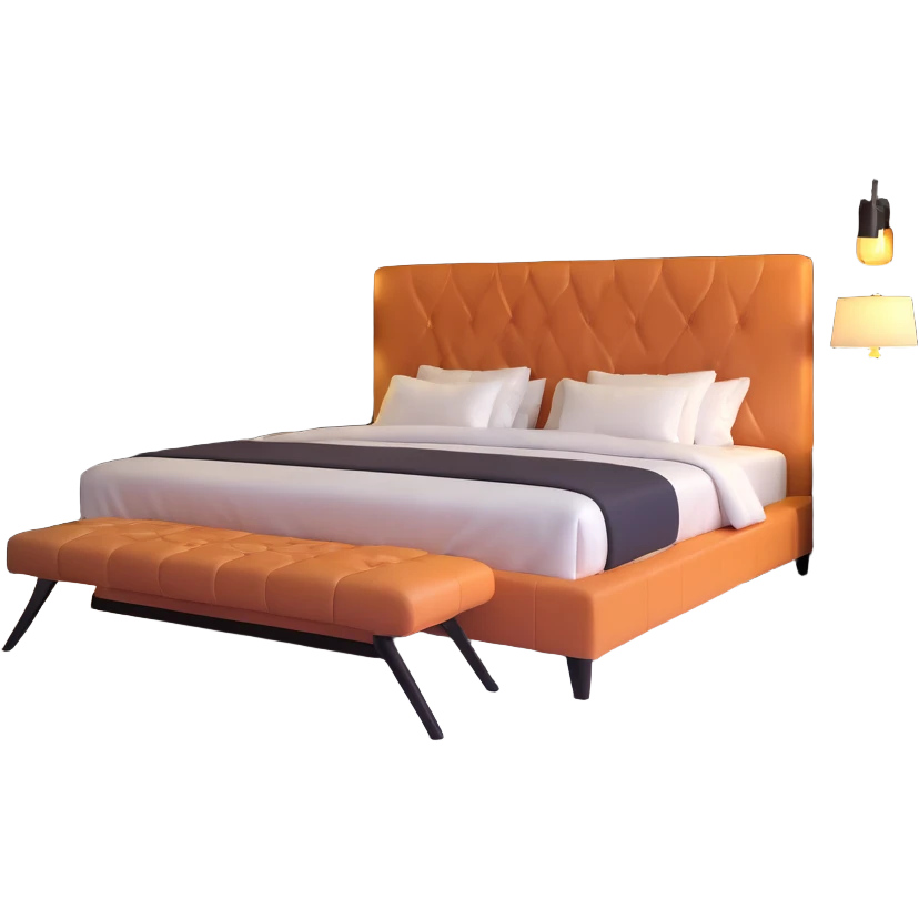 spacious modern bedroom with elegant furniture, mood lighting, king bed, stylish decor emoji