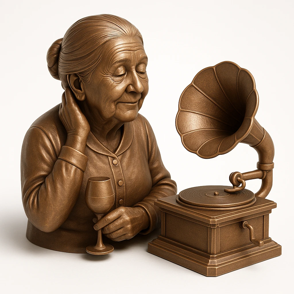 old lady with wineglass listening to gramophone emoji