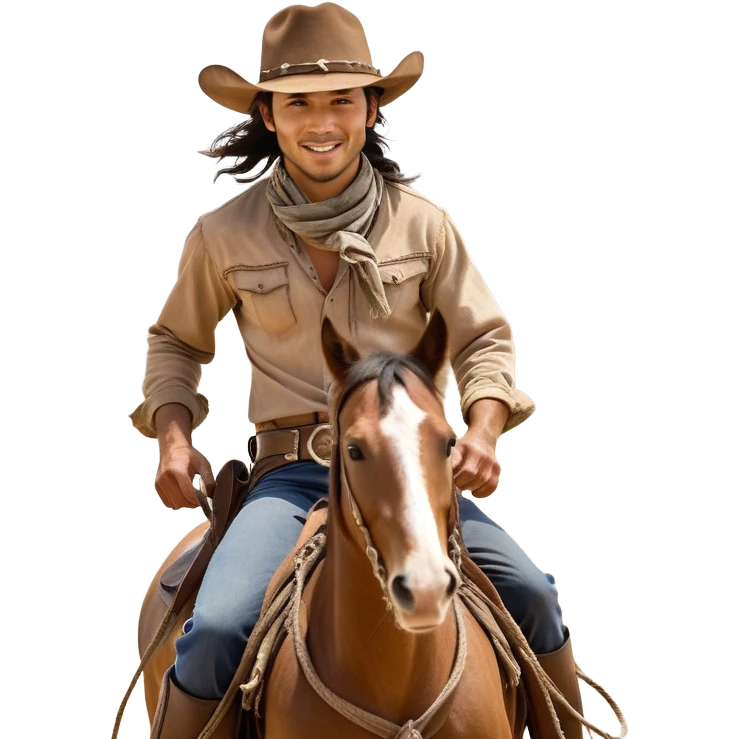 clash-of-clans-aesthetic_-cinematic-playful-cowboy-portrait-emoji, head-tilted with a roguish, cheeky grin and twinkling eyes, featuring a wide-brimmed cowboy hat and a weathered bandana on tan skin, riding a powerful galloping horse with dynamic flowing mane, reins gripped firmly in one hand and a lasso in the other, as dust swirls behind them in a vast desert landscape. emoji