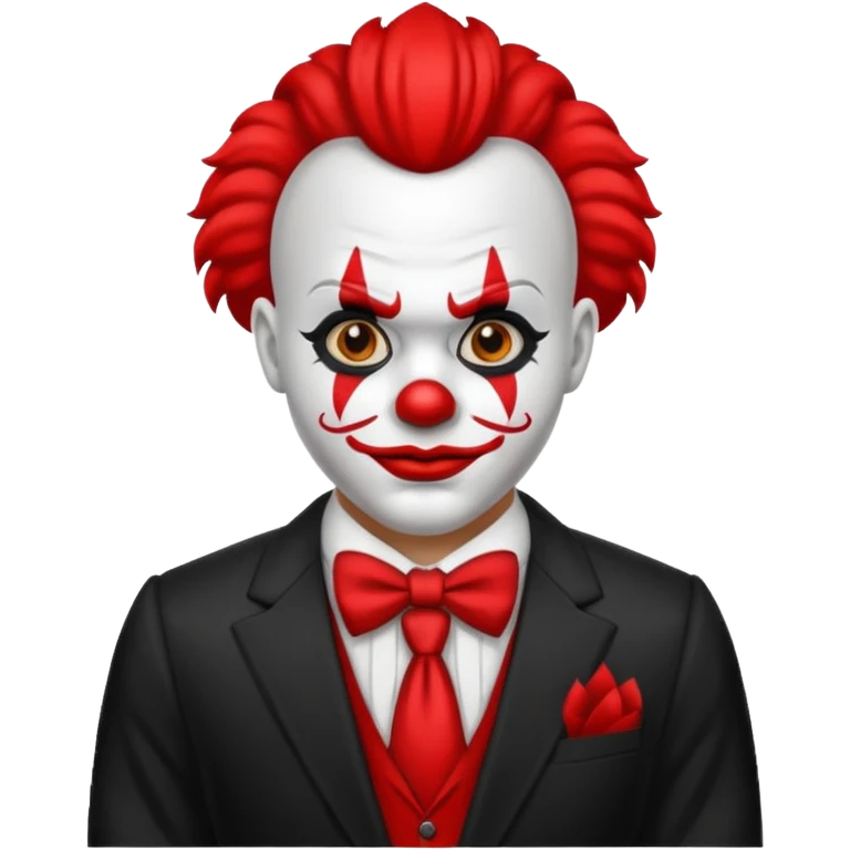 Crea un payaso con cara blanca que tenga en la frente una a en la cabeza, tengo unos cuernos negros y que en el cuerpo tengo un traje negro con rojo emoji