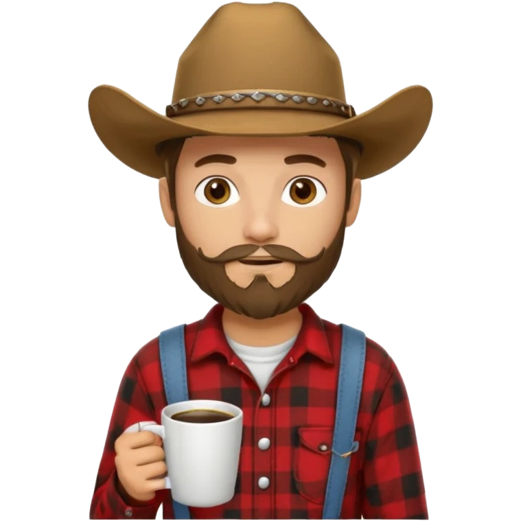 generate an ios genmoji of a 20 year old tan boy with a cowboy hat and french beard. Wearing a flannel and carrying a coffee mug emoji