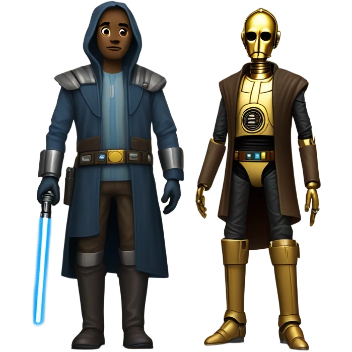 jedi human-sized darkblue-pearl friendly bounty hunter c3po droid wearing a leather wild west duster coat holding light saber ready to fight but relaxed. antique emoji