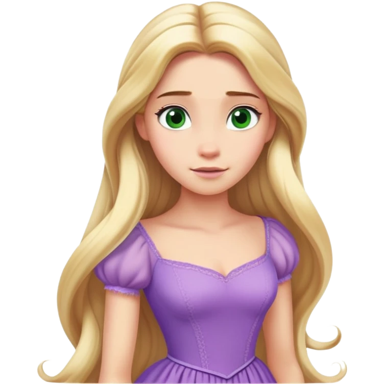Rapunzel from hips up, lavender purple dress, extra long flowing blonde hair, green eyes, minimal style but very recognizable emoji