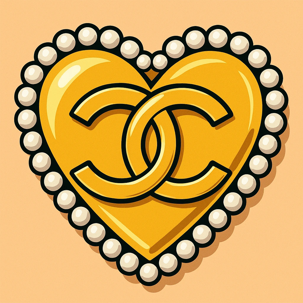 Chanel heart with interlocking C's, metallic gold, pearl border, elegant, vibrant toon style emoji