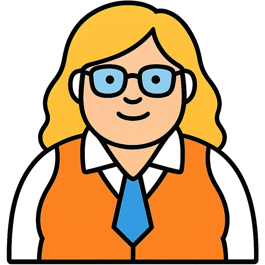 Plus size blonde woman with glasses wearing a vest, professional look emoji