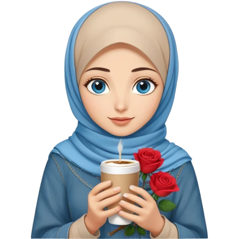 Turkish beautiful finish Konya two girls blue eyes with beige denim hijab islamic dress and had on her hand Rose Cold turkish coffee   emoji