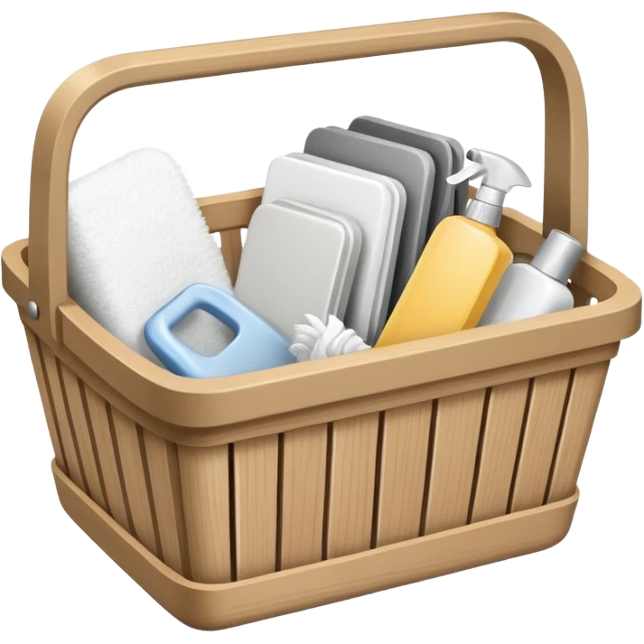 سلة تنظيف خشبية  بأغراض الوانها أبيض و رمادي  emoji