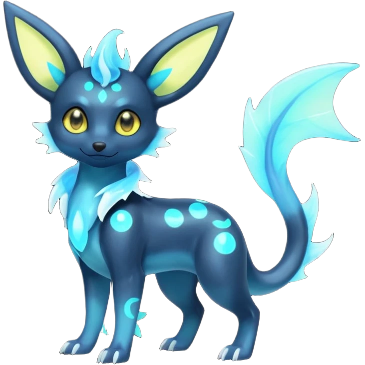 Shiny Aural Iridescent Fluorescent Bioluminescent Umbreon-Amaura-Salandit-Vaporeon-Fakémon-fusion (full body) emoji