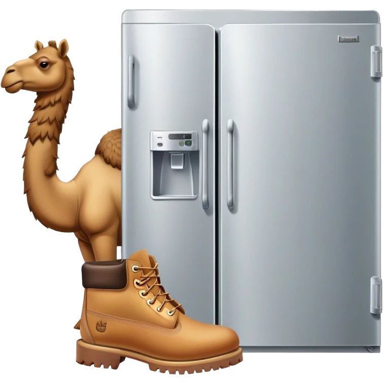 A silver refrigerator with doors as the body, a brown camel head with a hump on top, and tan Timberland boots on the bottom emoji