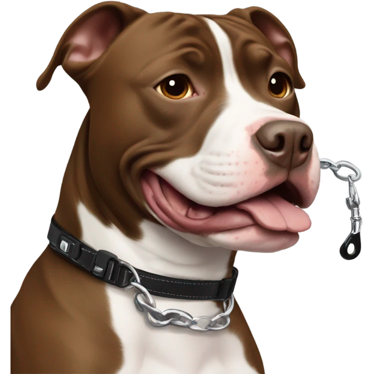 Brown pitbull with white marks, with uncropped ear, smiling with black body leash emoji