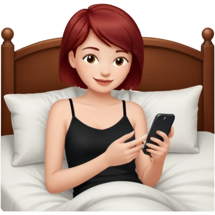 generate a pretty fair bratz girl with short dark red hair using her phone in bed, smiling . Wearing a black cami emoji