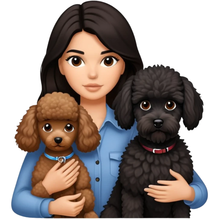 Kendall Jenner with long dark hair holding a brown poodle and a black schnauzer emoji