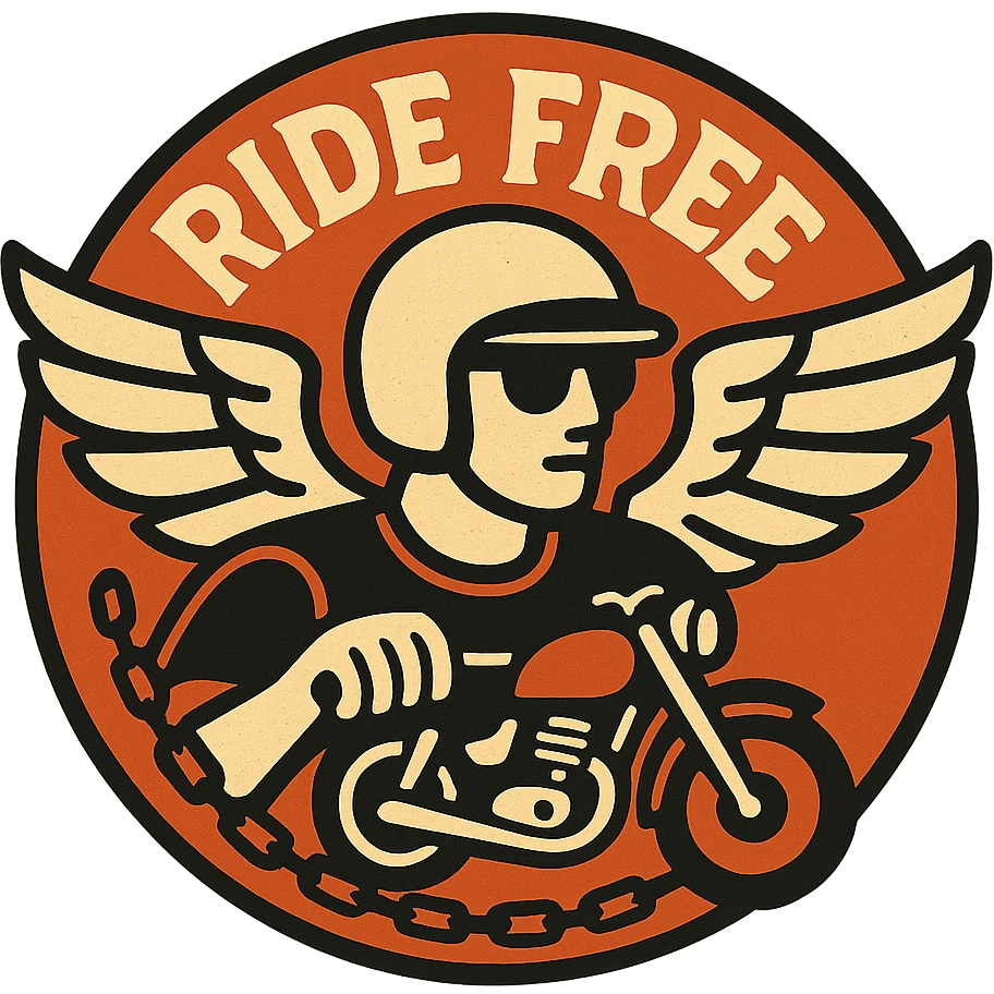 circular design for motorcycle cap, transparent background, text 'Ride Free' in English, freedom style, motorcycle motifs like wings, motorcycle, chain emoji