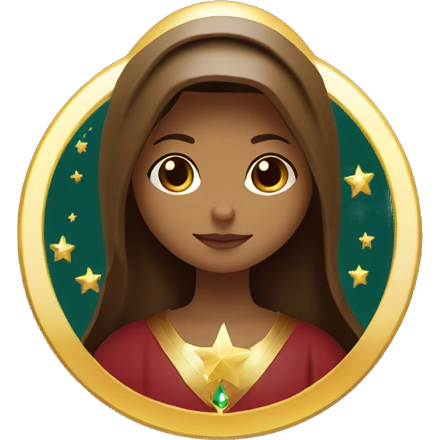 Virgin Mary: kind face looking down at the left, long brown hair, Wearing an emerald green  robe with gold stars and a burgundy red dress,  Hands in prayer or blessing. Halo around her head. standing on a crescent moon.  emoji