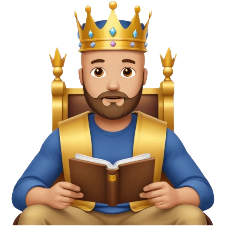 Buff bald bearded man wearing crown and cap, sitting on throne of documents, Instagram icon floating, golden glow, minimal emoji emoji