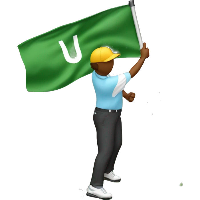 Golfer jumping up in the air with a golf club in hand on the putting green with the flag in the hole emoji