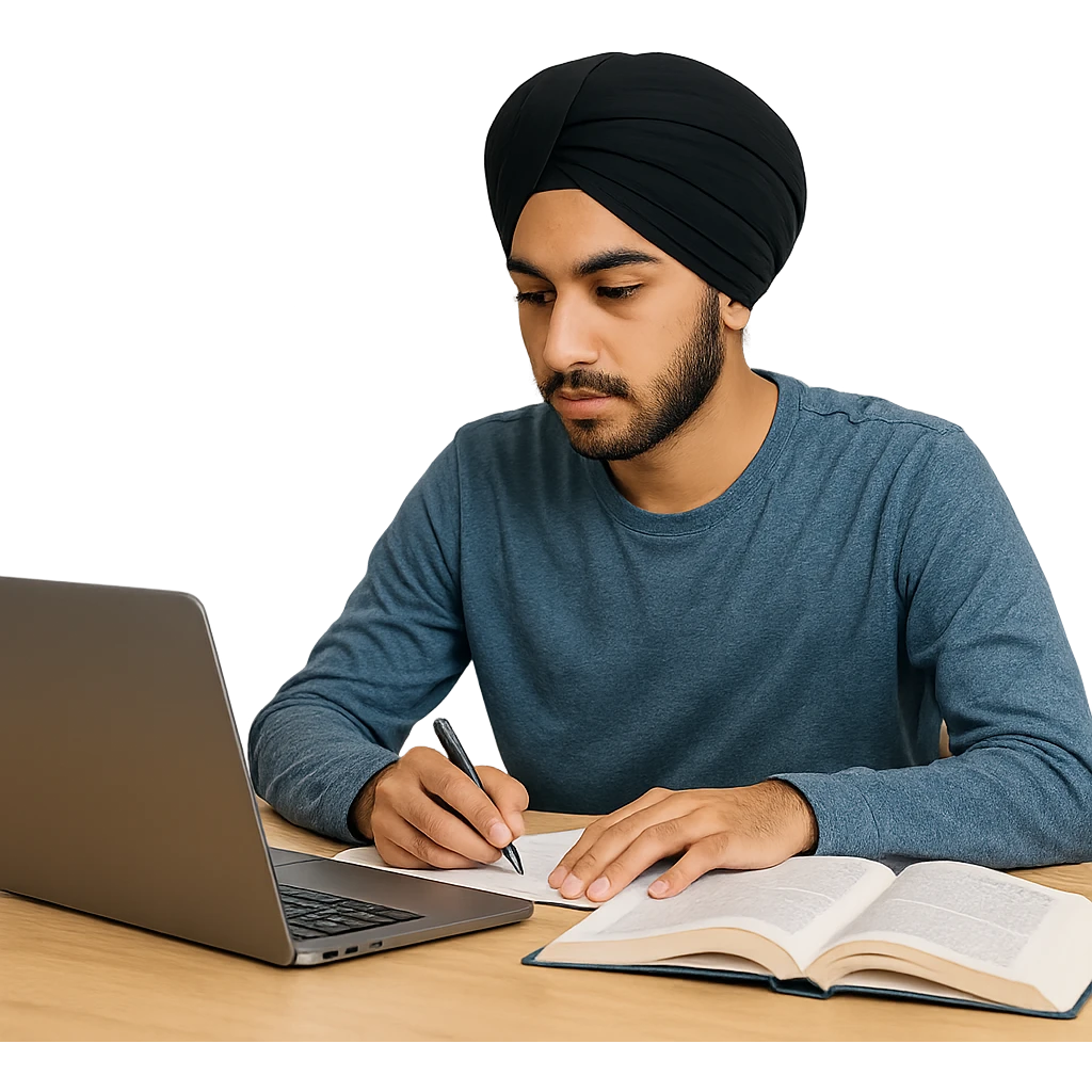 university sikh boy sitting at a desk with laptop open, wearing a turban, focused on studying emoji