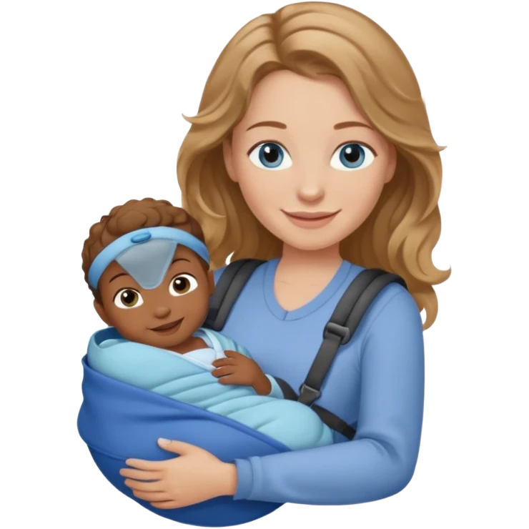 Caucasian woman with light brown wavy hair and blue eyes and dark skinned one newborn in carrier emoji