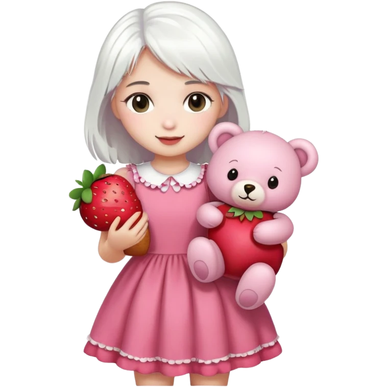 girl with white hair holding a strawberry wearing a pink dress holding a teddy bear emoji