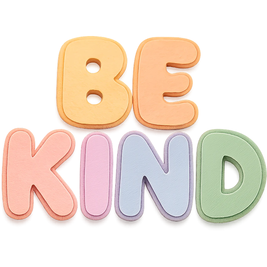 "Be Kind" chubby hand-drawn lettering, soft pastel rainbow colors, kawaii style, high resolution, no outline, sticker design, transparent background emoji