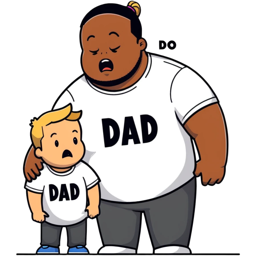 A fat short guy in a black hoodie with a ponytail is crying. Behind him are two black men, one wearing a white t-shirt with "MOM" text, the other wearing a white t-shirt with "DAD" text. emoji